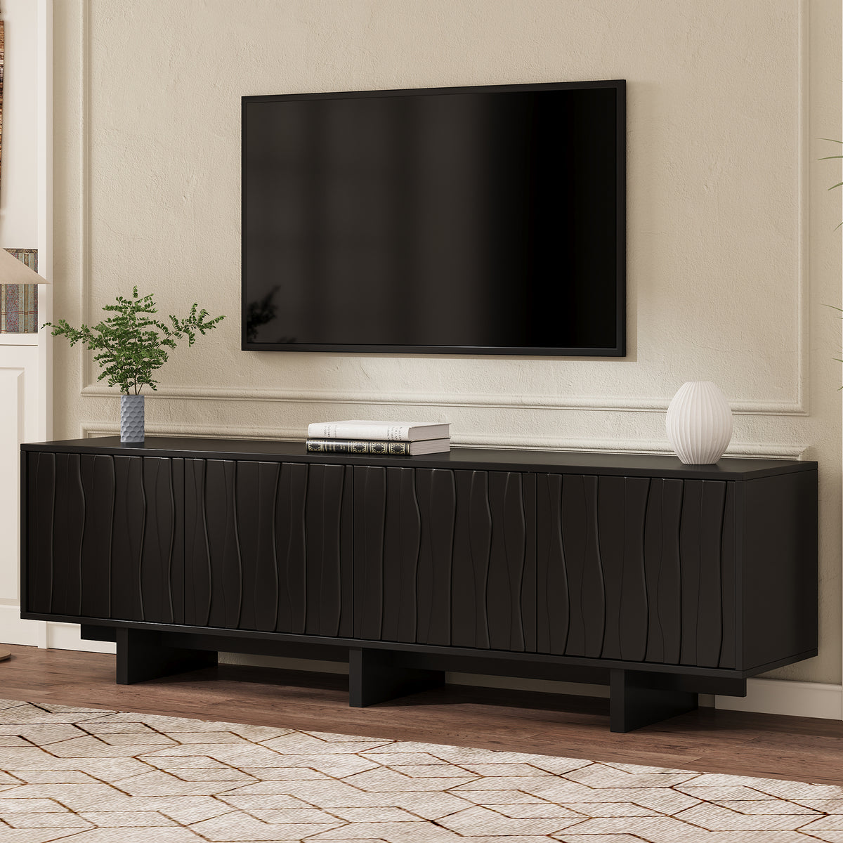 Retro Style Wood Grain TV Stand with Wavy Door for TVs up to 75', Rustic Media Console with Ample Storage Space, Sturdy Base TV Cabinet with Cable Management for Living Room, Black