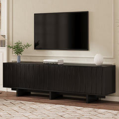 Retro Style Wood Grain TV Stand with Wavy Door for TVs up to 75', Rustic Media Console with Ample Storage Space, Sturdy Base TV Cabinet with Cable Management for Living Room, Black