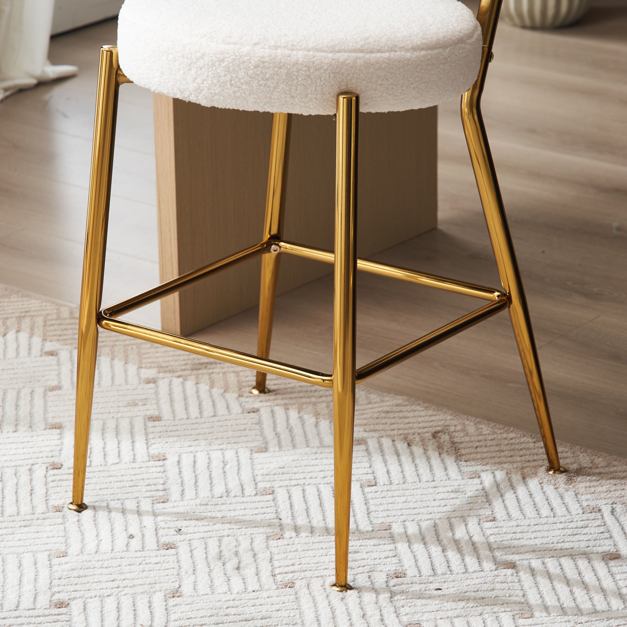 Set of 4 Modern Teddy Fabric Upholstered Bar Stools, Metal base high stool - Beige