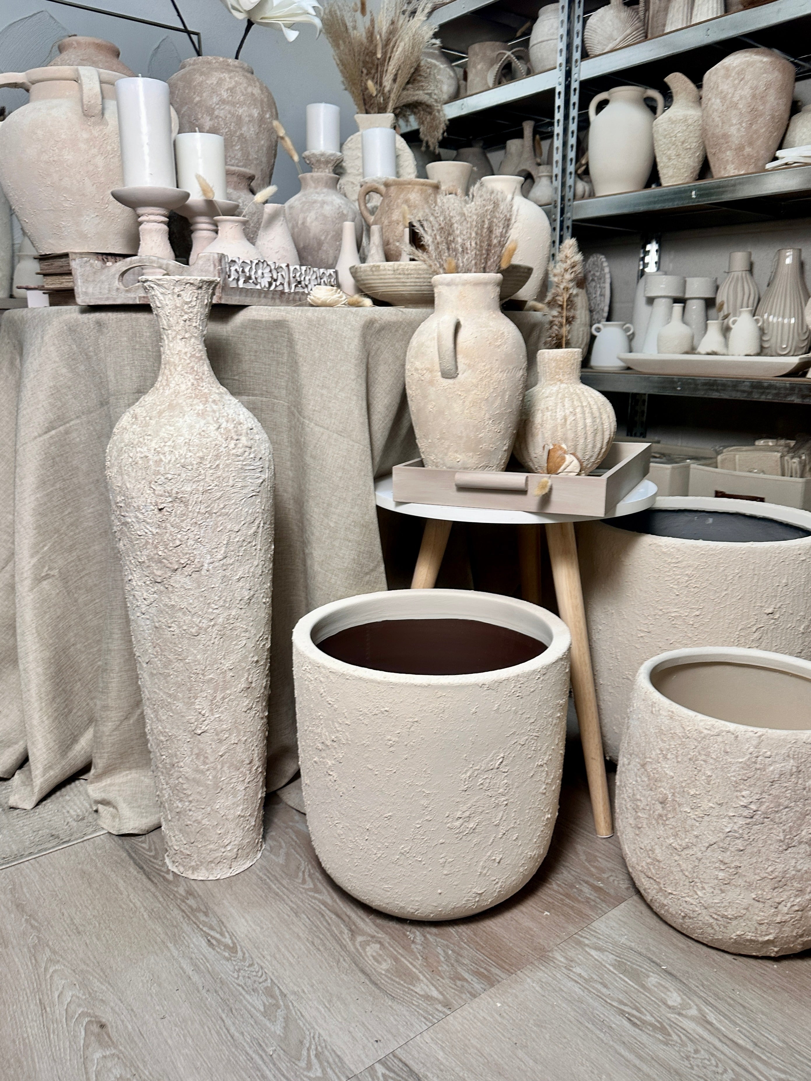 Floor Vase 32" tall minimalist hand-painted metal texture - cream wash