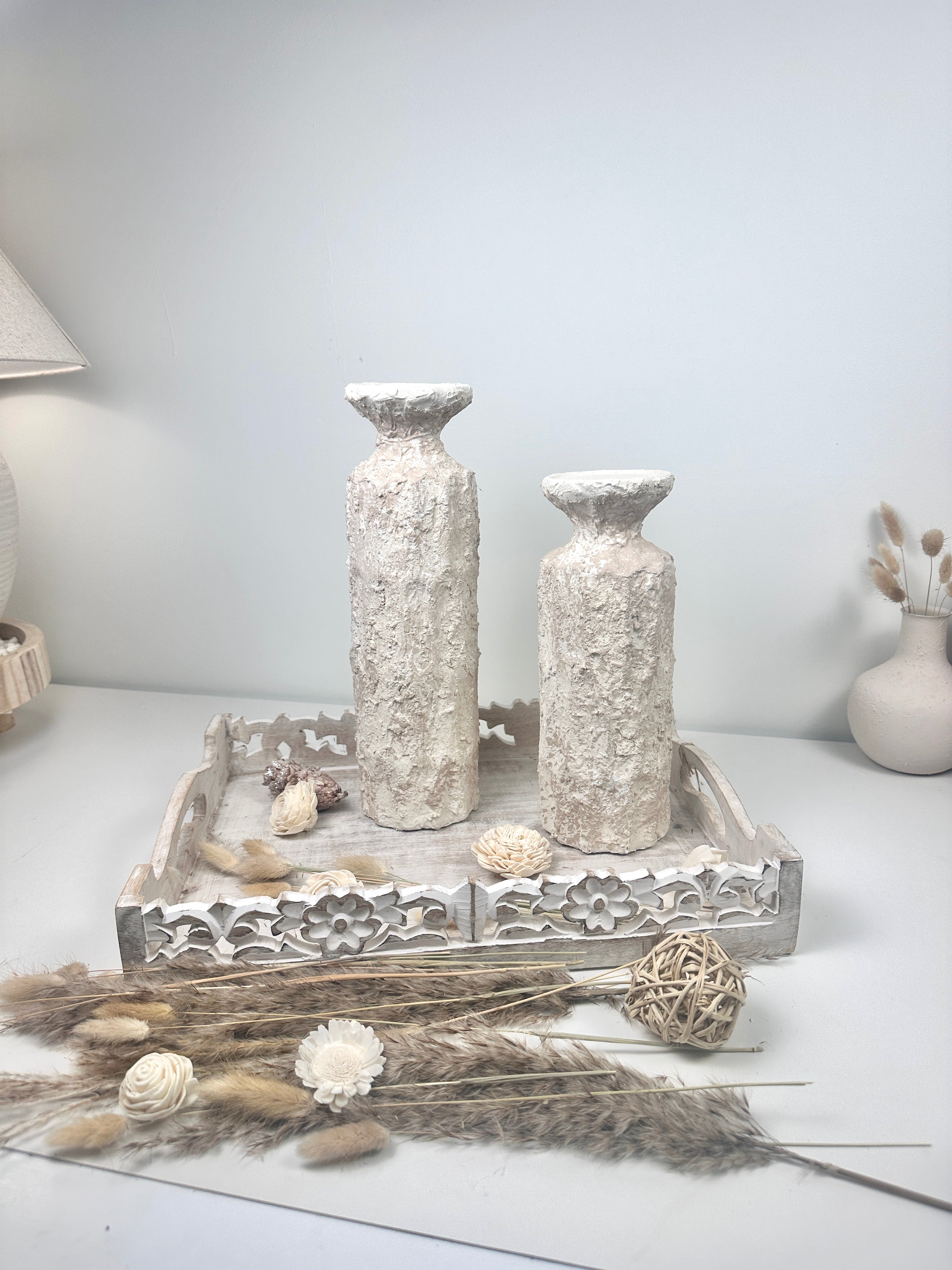 Minimalist Set of 2 Candle Holders Textured Hand-Painted - Cream Sand (10.5x4x4", 13x4x4")