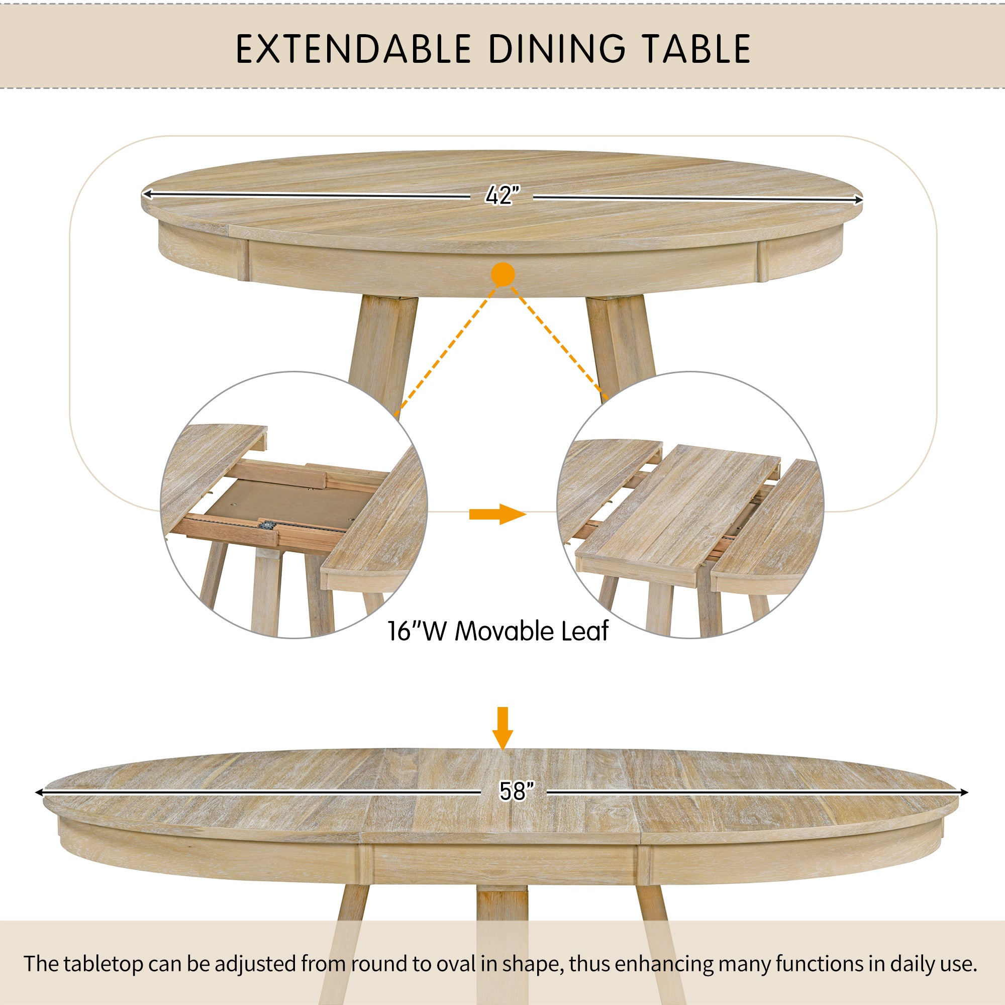 5-Piece Retro Functional Dining Set, Round Table with a 16"W Leaf and 4 Upholstered Chairs - Natural