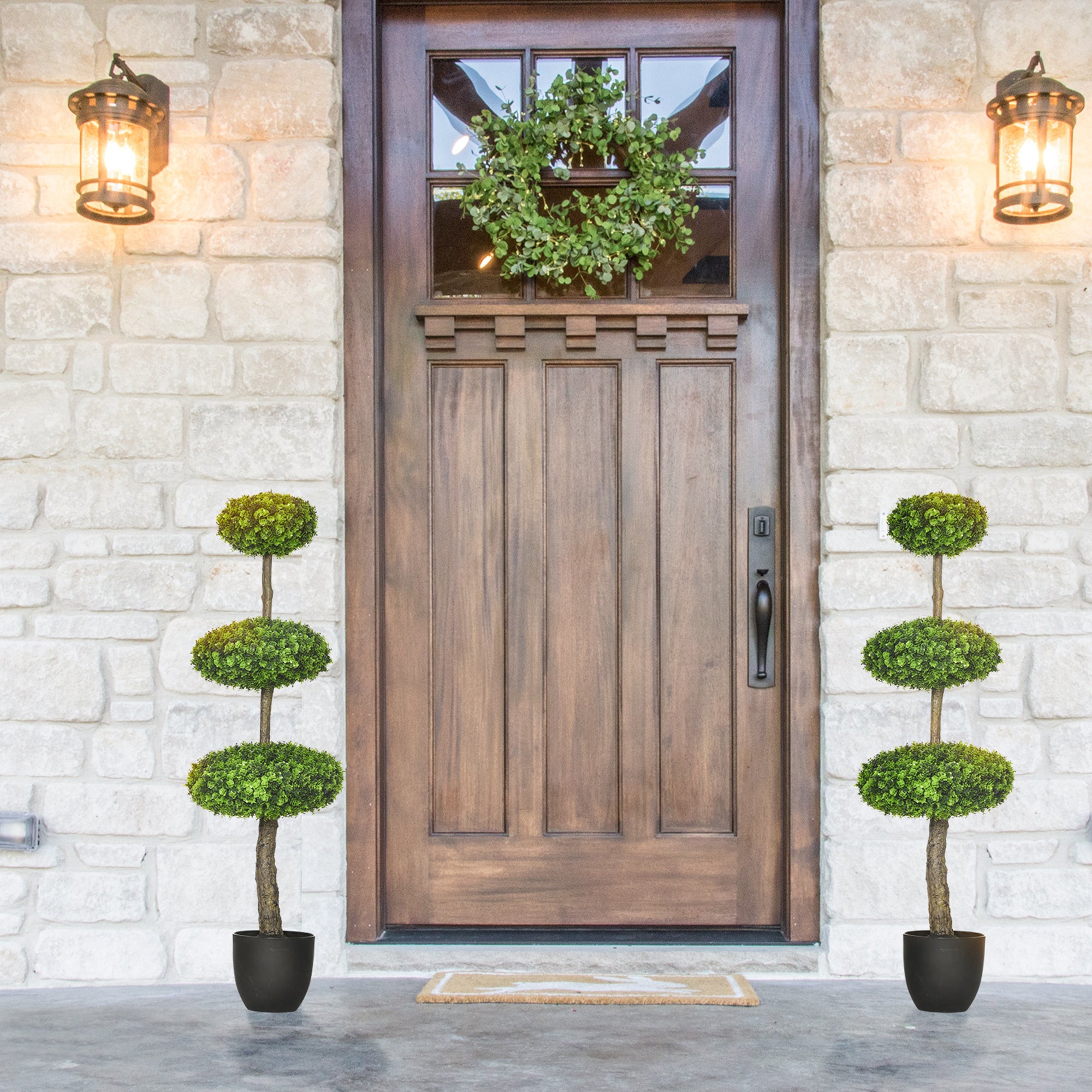 Set of 2 Artificial Boxwood Topiary Trees in Pots, 43.25" Artificial Plants Faux Trees Indoor & Outdoor