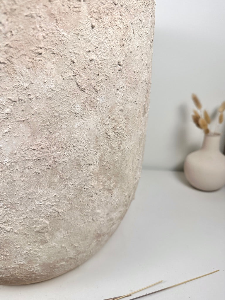17" tall Minimalist Hand-Painted & Textured Planter Pot with Drainage Hole one time creation - cream sand wash