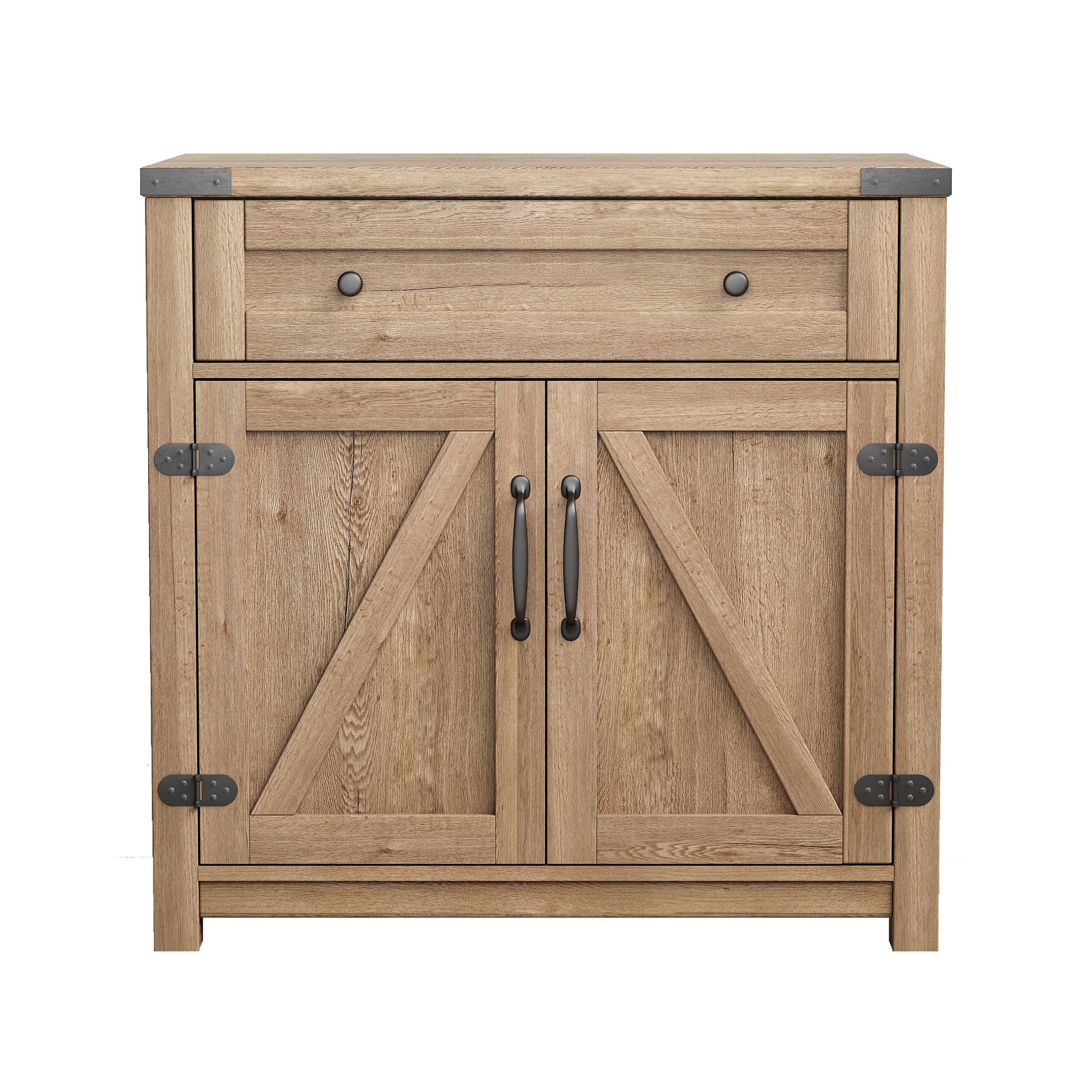 Modern Farmhouse Double Barn Door Accent Cabinet, 30 Inch, Tobacco Wood