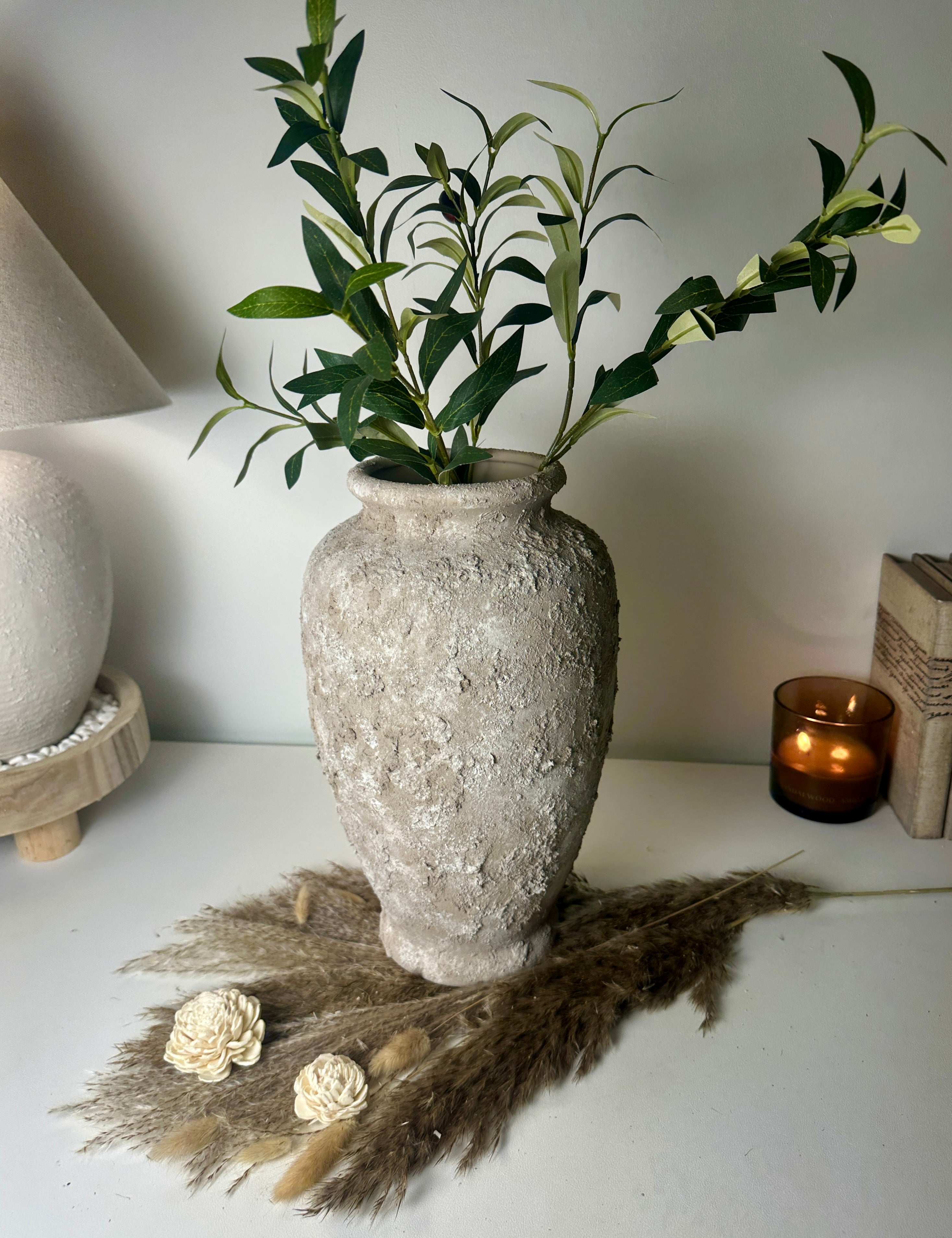 Rustic Hand-Painted Textured Ceramic Vase 14" tall - Beige Wash