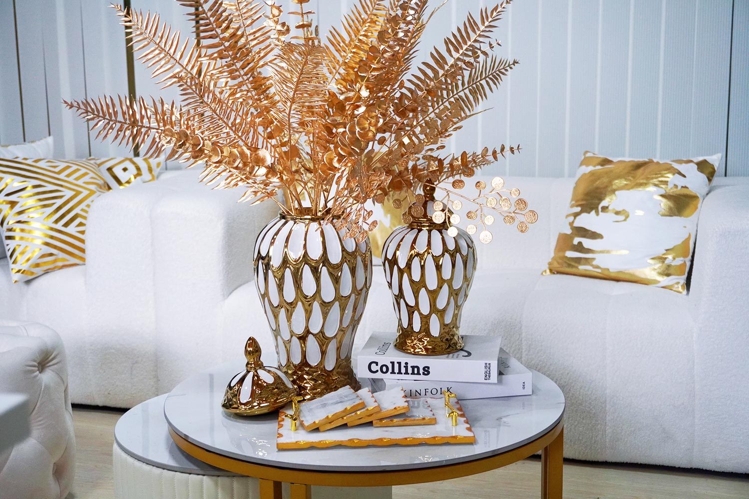 17.50"H Alluring White and Gold Ginger Jar with Removable Lid