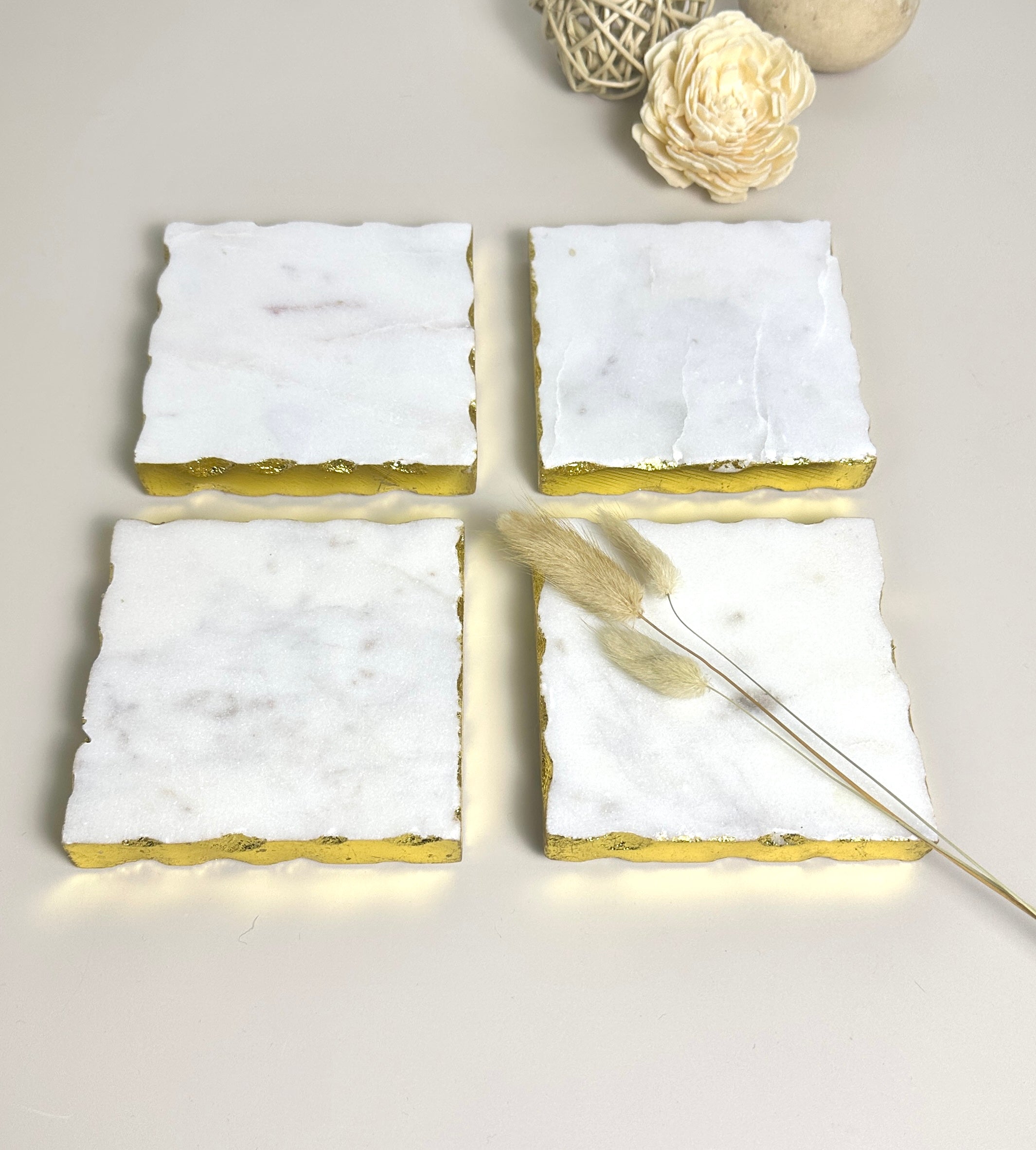 Elegant White Marble and Gold Coasters - Set of 4