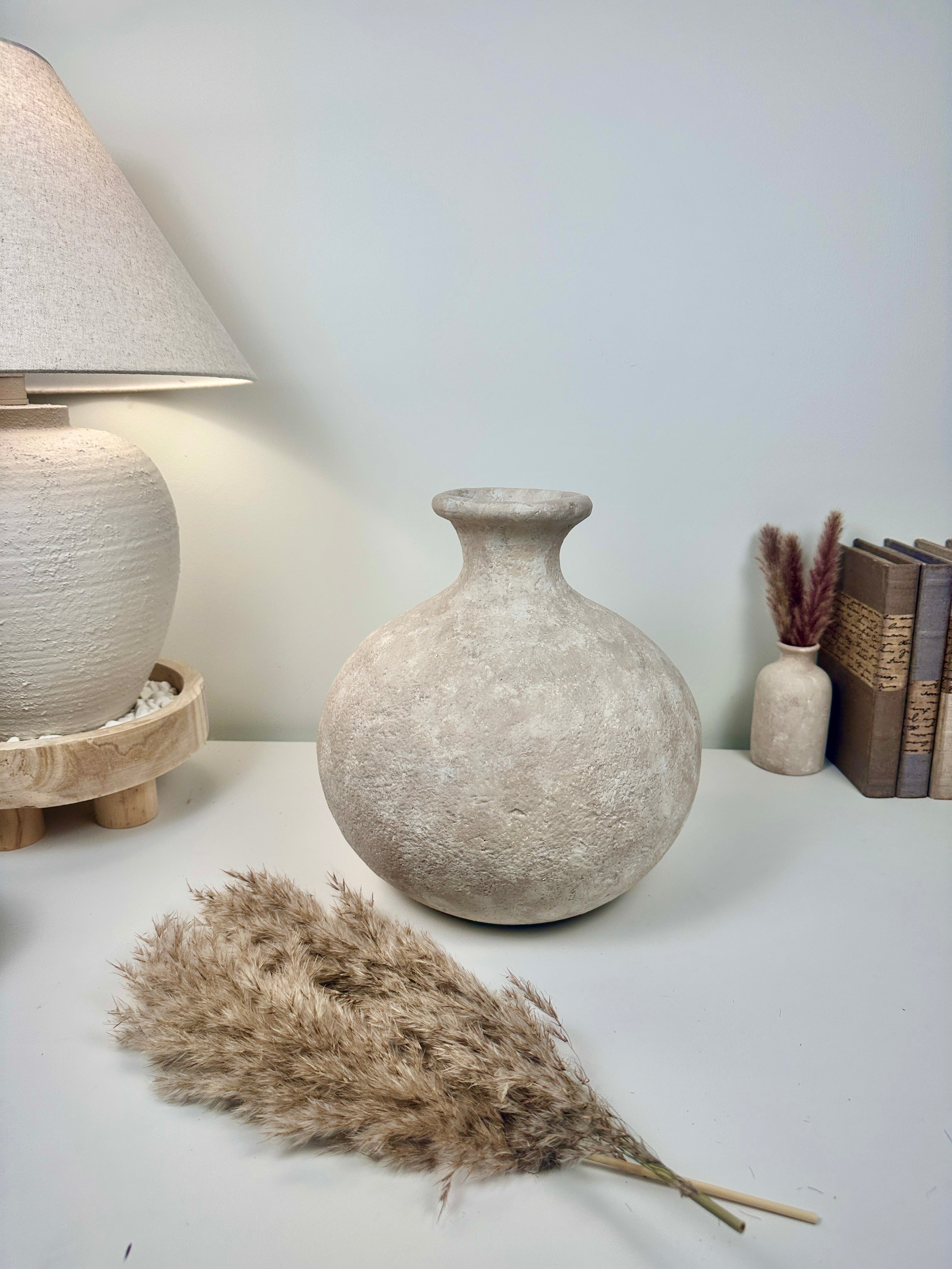 Minimalist Hand-Painted Ceramic Round Bottle Vase 11" tall -  Beige Washed