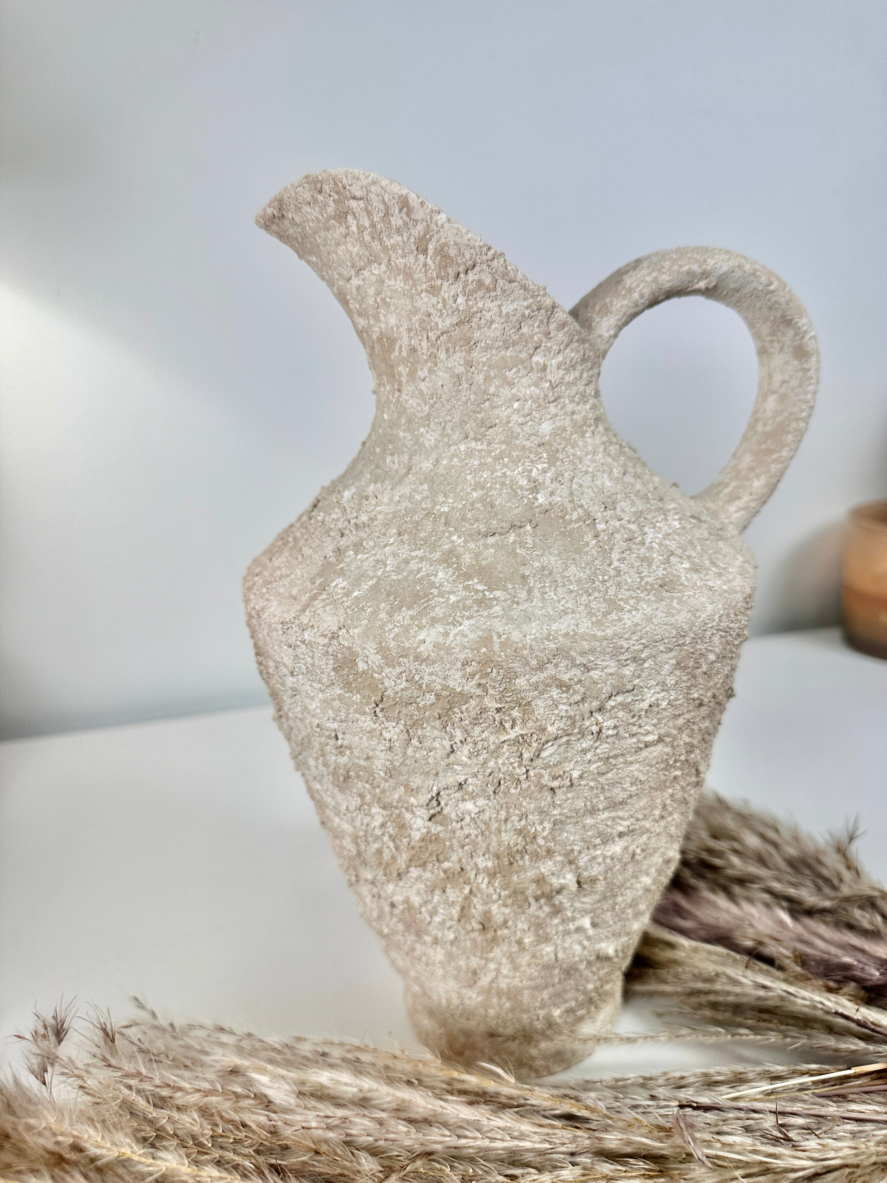 Decorative Textured Hand-painted Pitcher Vase Cream Sand washed 12"