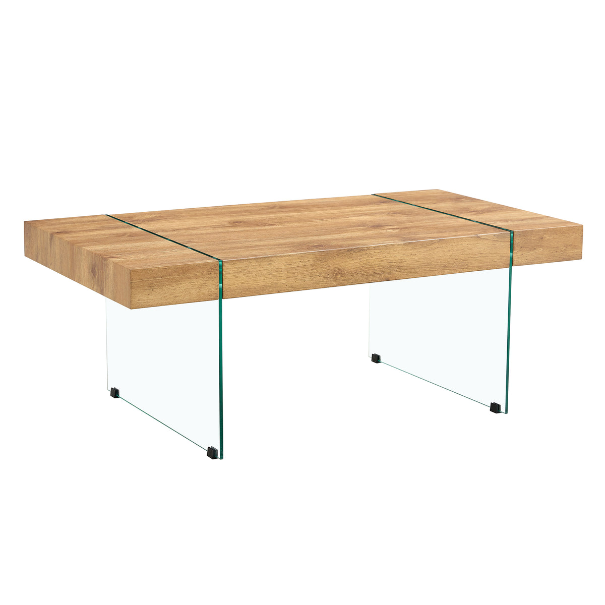 Modern Wood-Textured MDF Coffee Table with Tempered Glass Legs for Living Room, 43.3 x 23.6 Inches