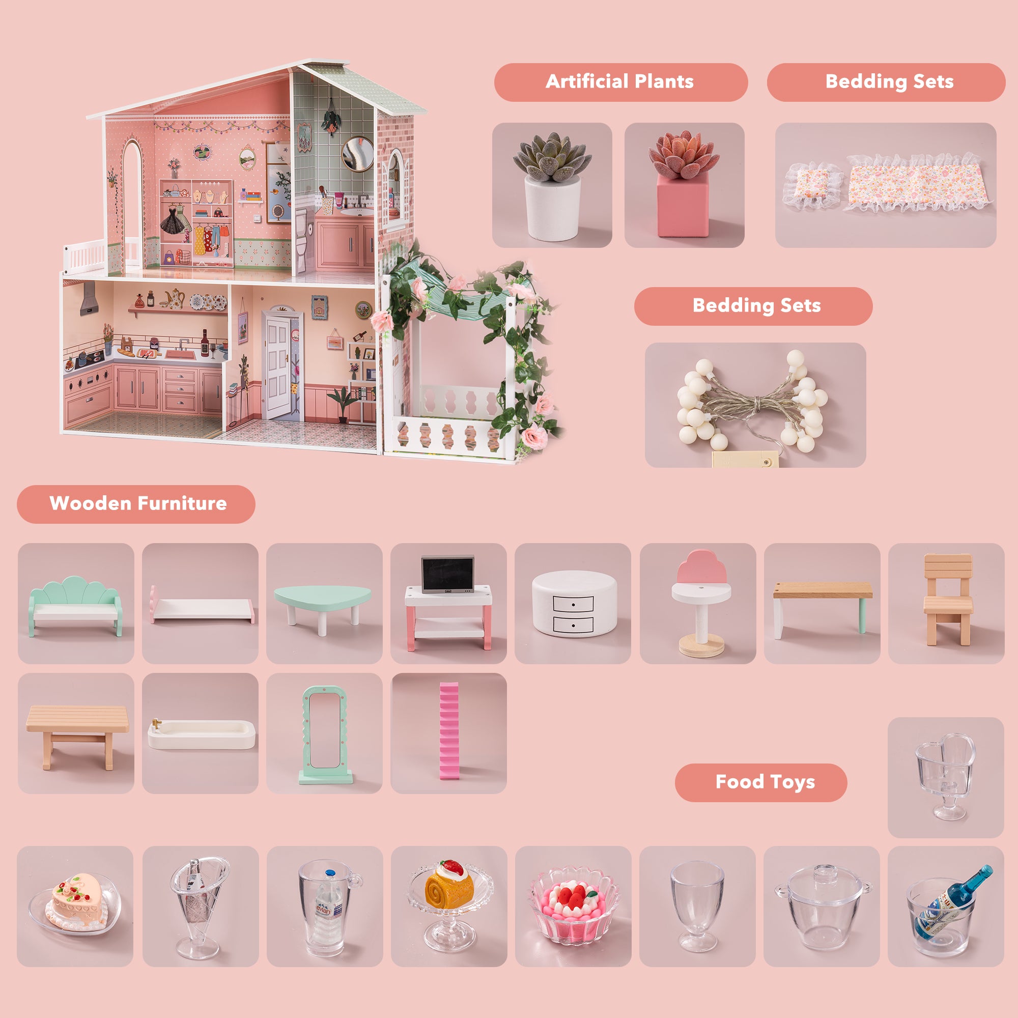 Stylish Dollhouse with Garden for 3+Kids - Green & Pink