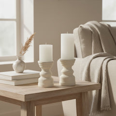 Set of 2 Candle Holders Minimalist Style Hand-Painted and Textured Wood 6" tall each - Cream White