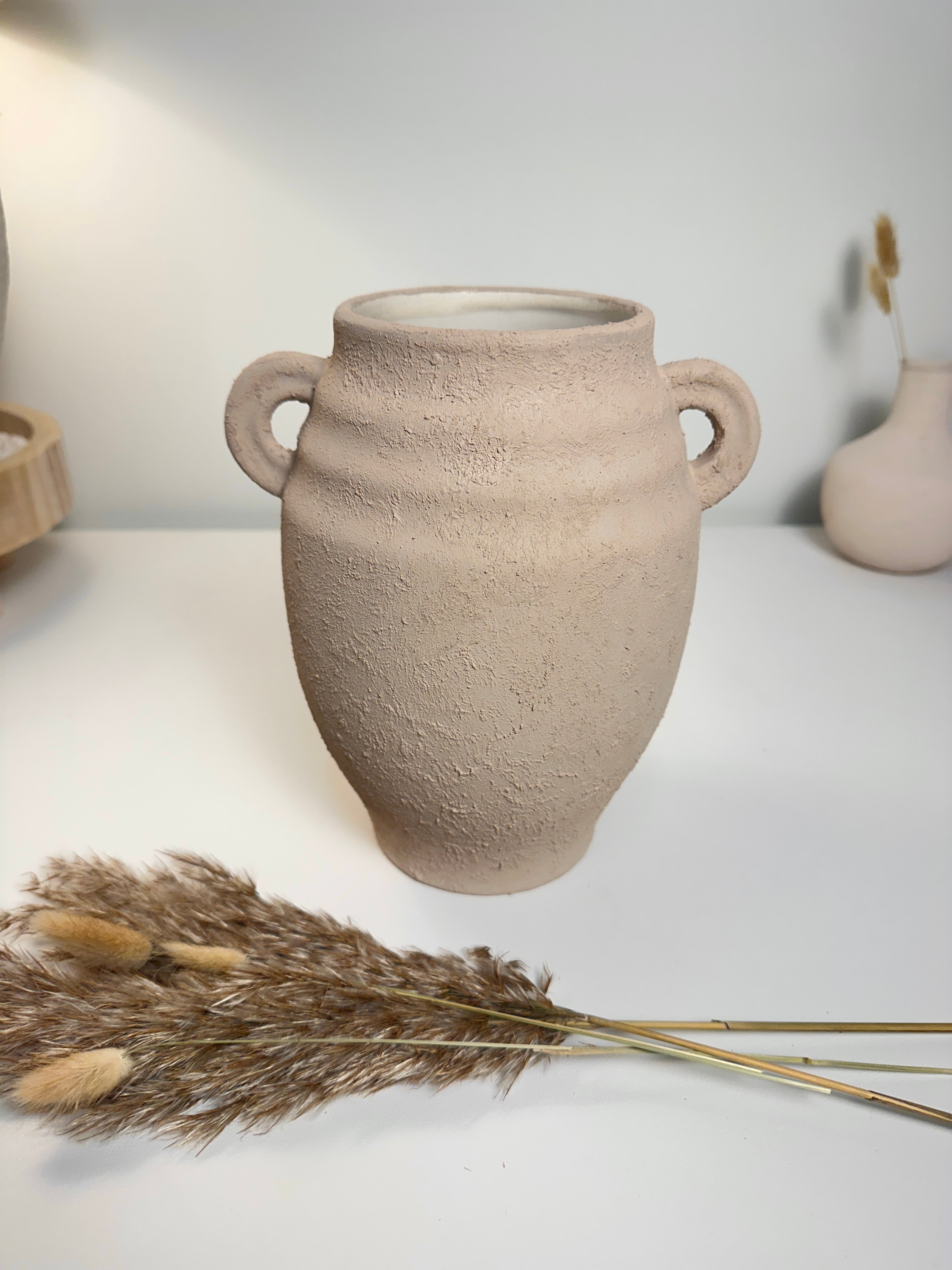 Minimalist Ceramic Textured Vase with 2 handles 9" tall - Tan