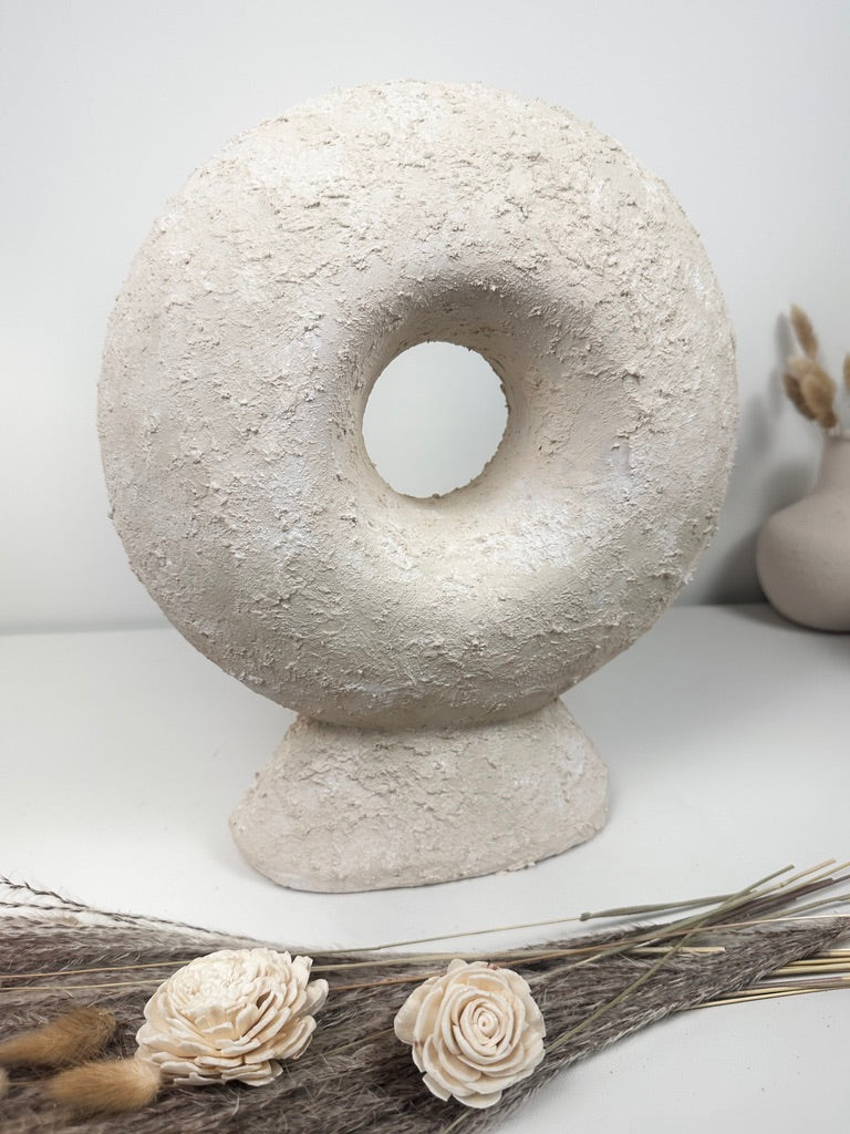 Abstract Minimalist Sculpture Made of Organic Stone, White Donut-Shaped Textured 13" - Cream