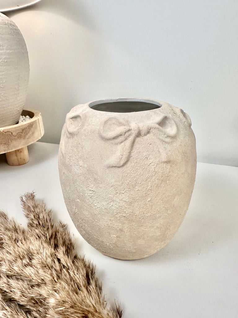 Hand-Painted Textured Ceramic Vase with Bow Accent, Cream Sand Washed, 7 Inch Tall