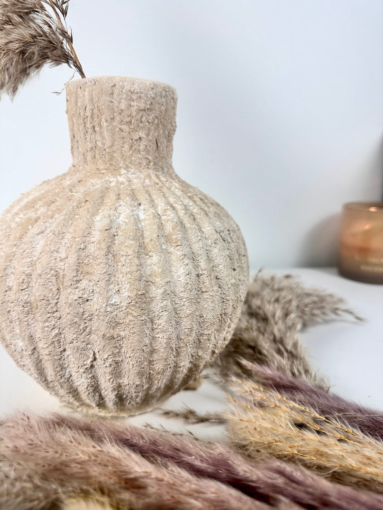 Rustic Minimalist Textured Hand-painted Ceramic Vase 8" tall - Beige Sand Washed