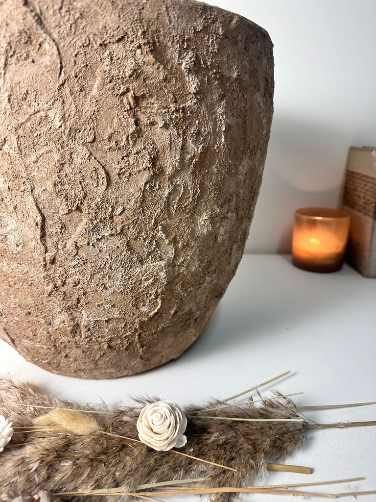 Rustic Hand-Painted & Textured Planter Pot 13" tall with drainage hole one time creation - Earth Brown on Brown