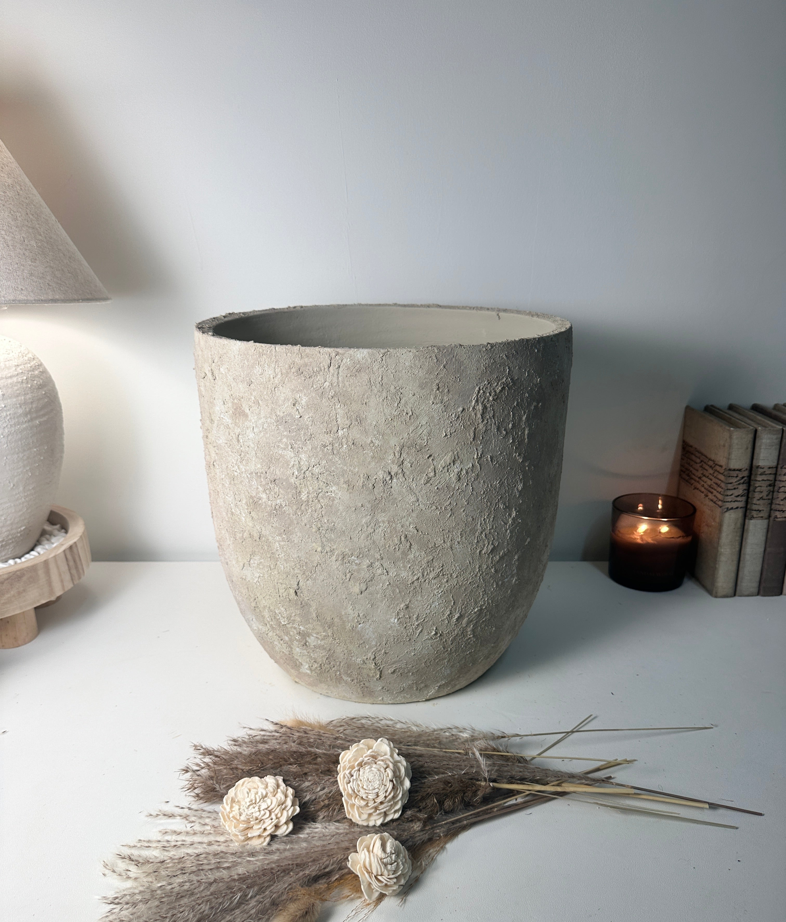 13.5" tall Minimalist Hand-Painted & Textured Planter Pot with drainage hole - French Beige