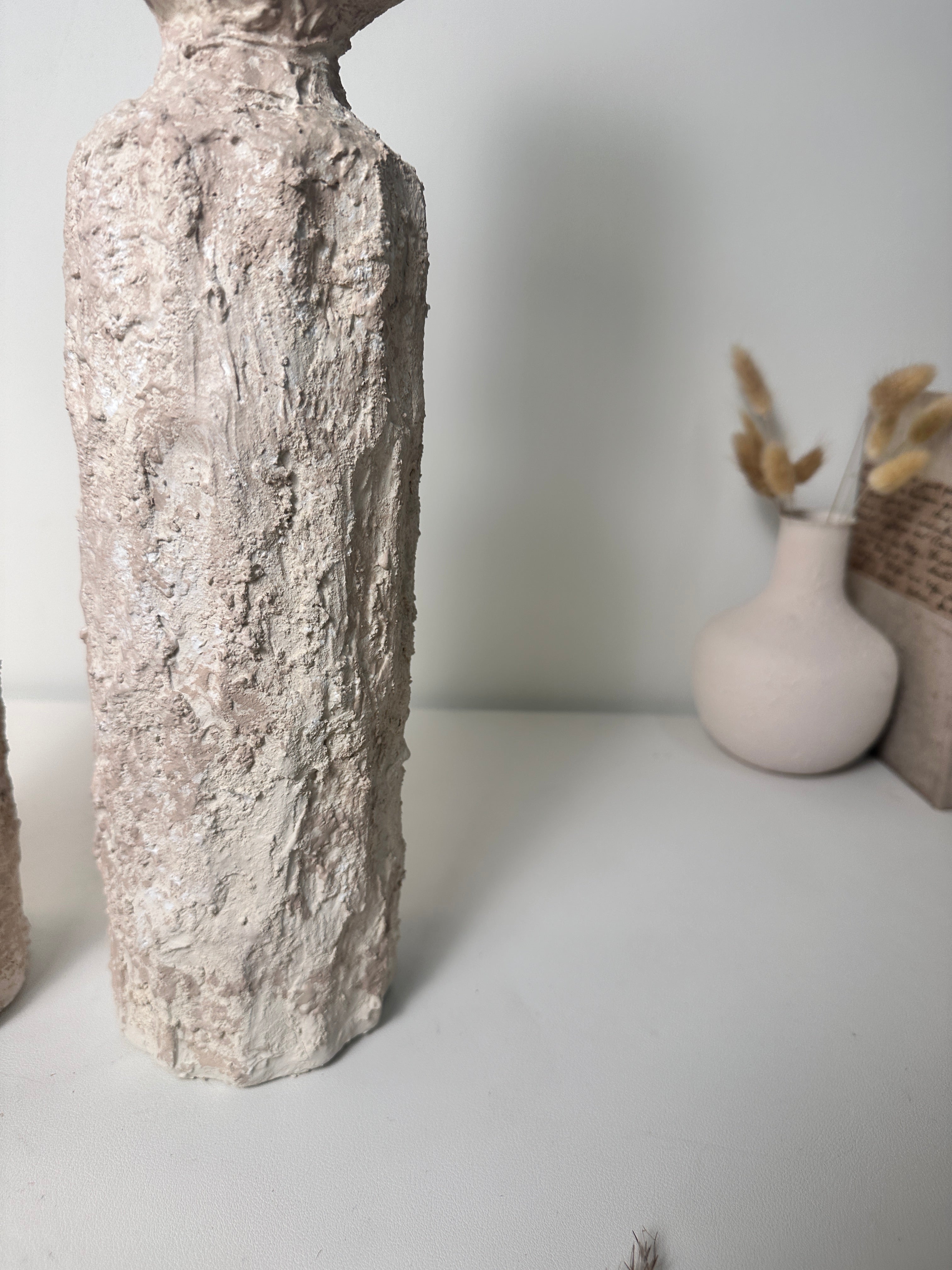 Minimalist Set of 2 Candle Holders Textured Hand-Painted - Cream Sand (10.5x4x4", 13x4x4")