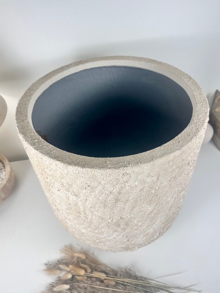 Minimalist Hand-Painted & Textured Planter Pot 17.5" tall with drainage hole one time creation - cream sand washed