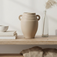 Minimalist Ceramic Vase with 2 handle 9" - Tan Matte