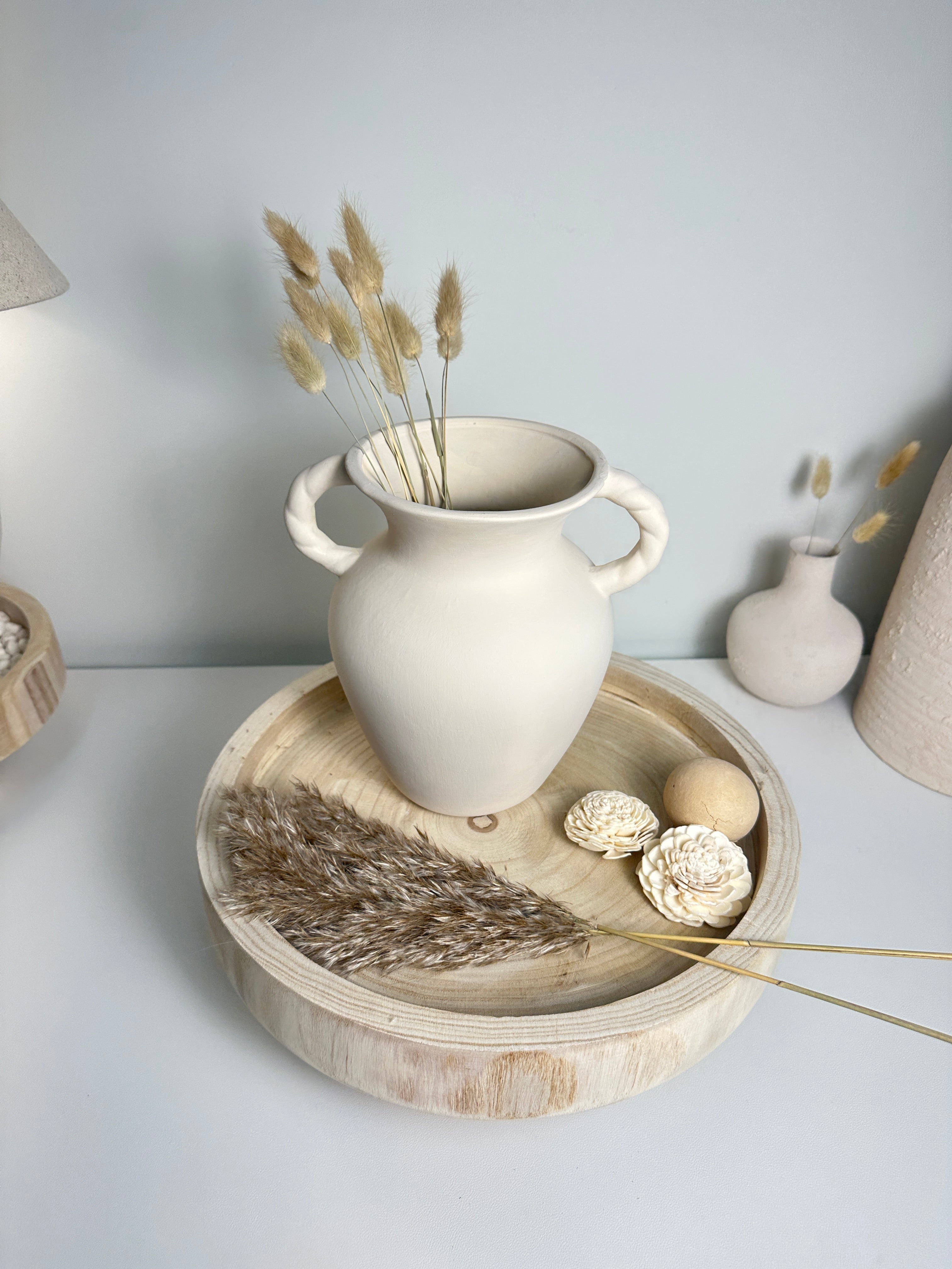Minimalist Hand-Painted Ceramic Textured Vase 9" - Cream White