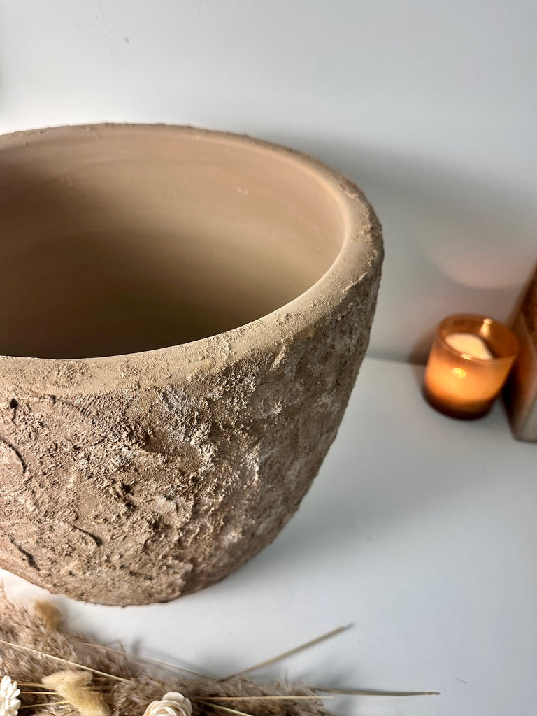 Rustic Hand-Painted & Textured Planter Pot 13" tall with drainage hole one time creation - Earth Brown on Brown