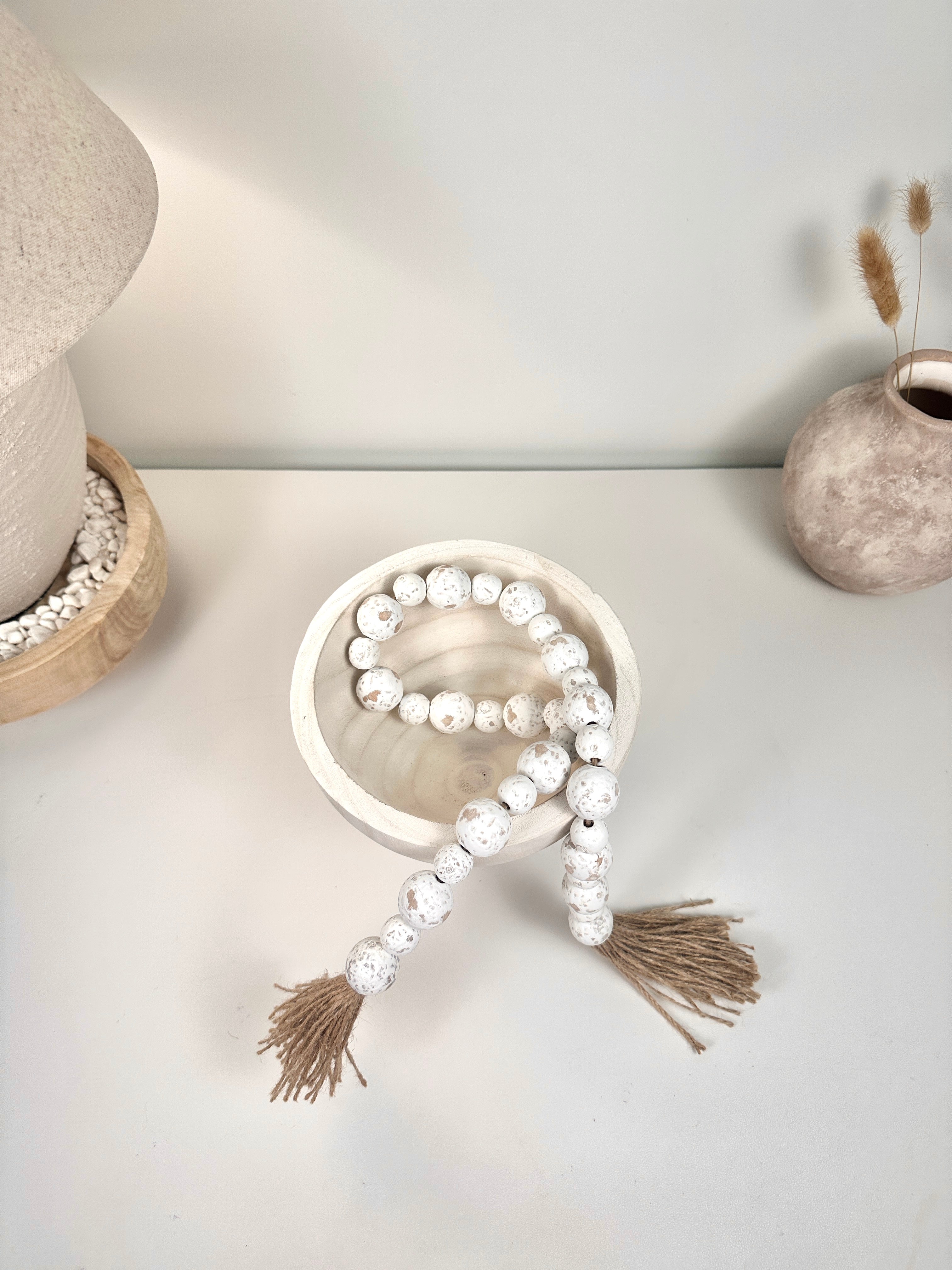 Set of 2 Boho Paulownia Bowl Tray 7"tall Ivory Sand + Wood Bead Garland