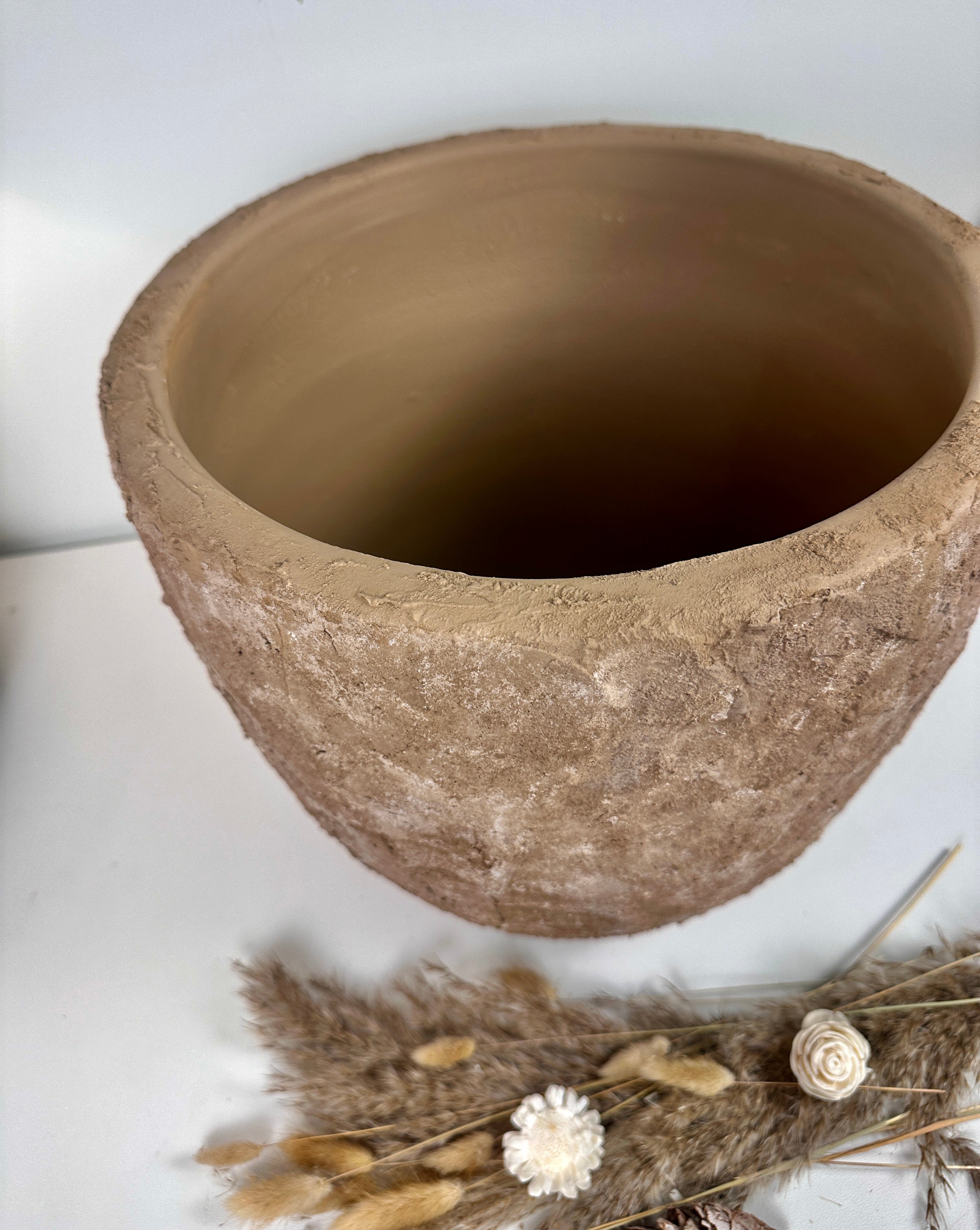 Rustic Hand-Painted & Textured Planter Pot 13" tall with drainage hole one time creation - Earth Brown on Brown