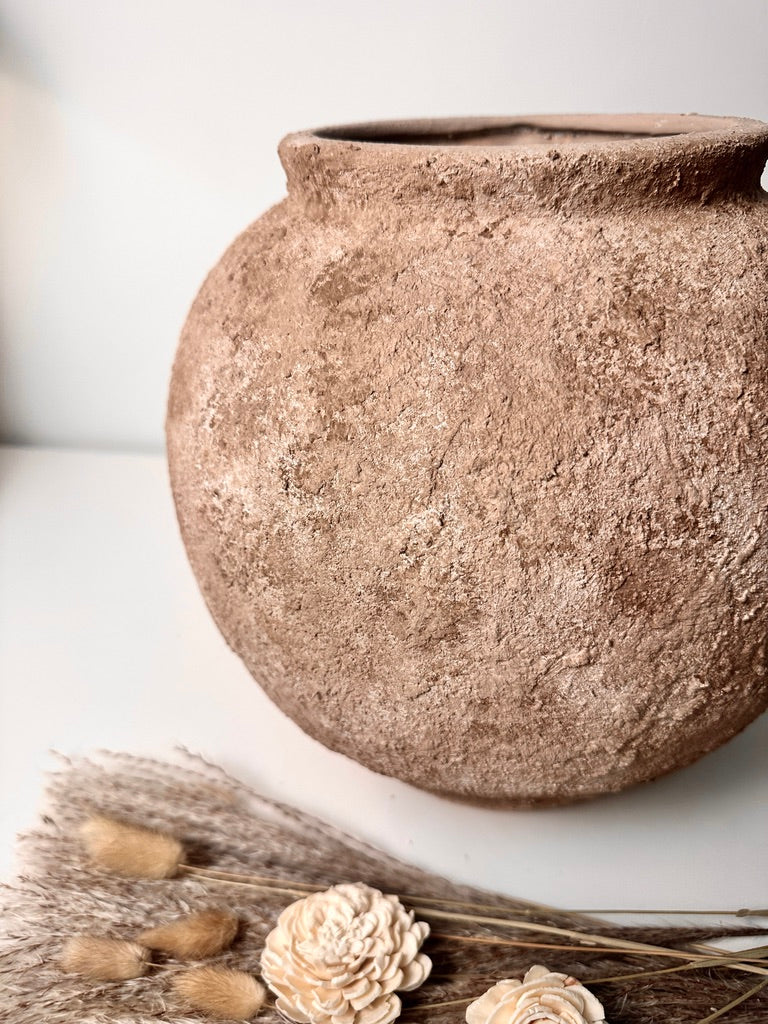 Rustic Textured Hand-Painted Ceramic Round Vase 14.5" - Earth Brown