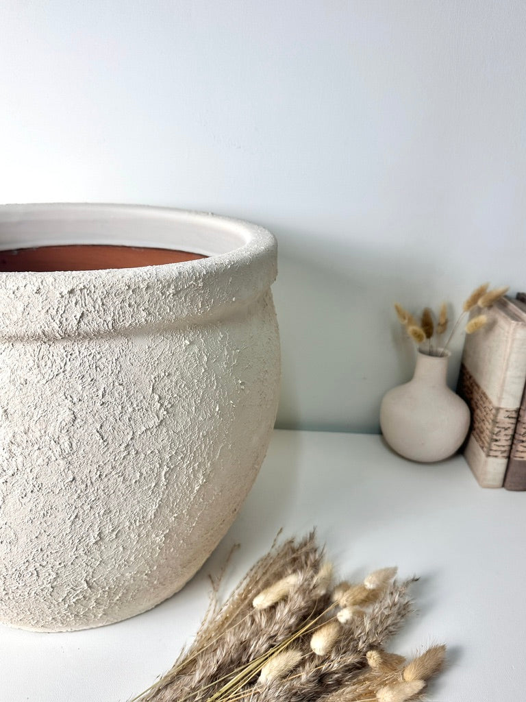 Minimalist Hand-Painted & Textured Planter Pot 12" tall with drainage hole one time creation - Cream