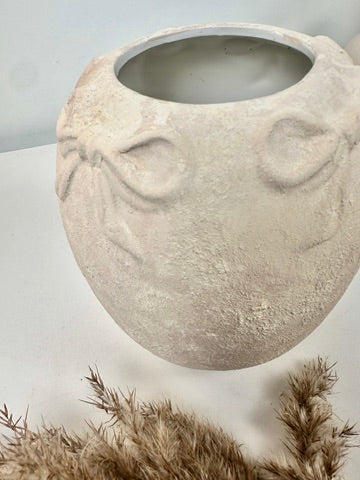 Minimalist Style Ceramic Vase with Bow 7", Painted and Textured by Hand - Cream Sand Washed