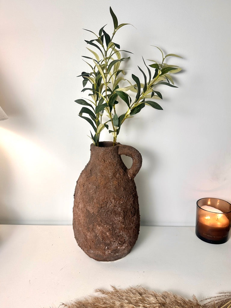 Rustic Tree Style Ceramic Vase Textured Handcrafted 12" tall - Dark Brown