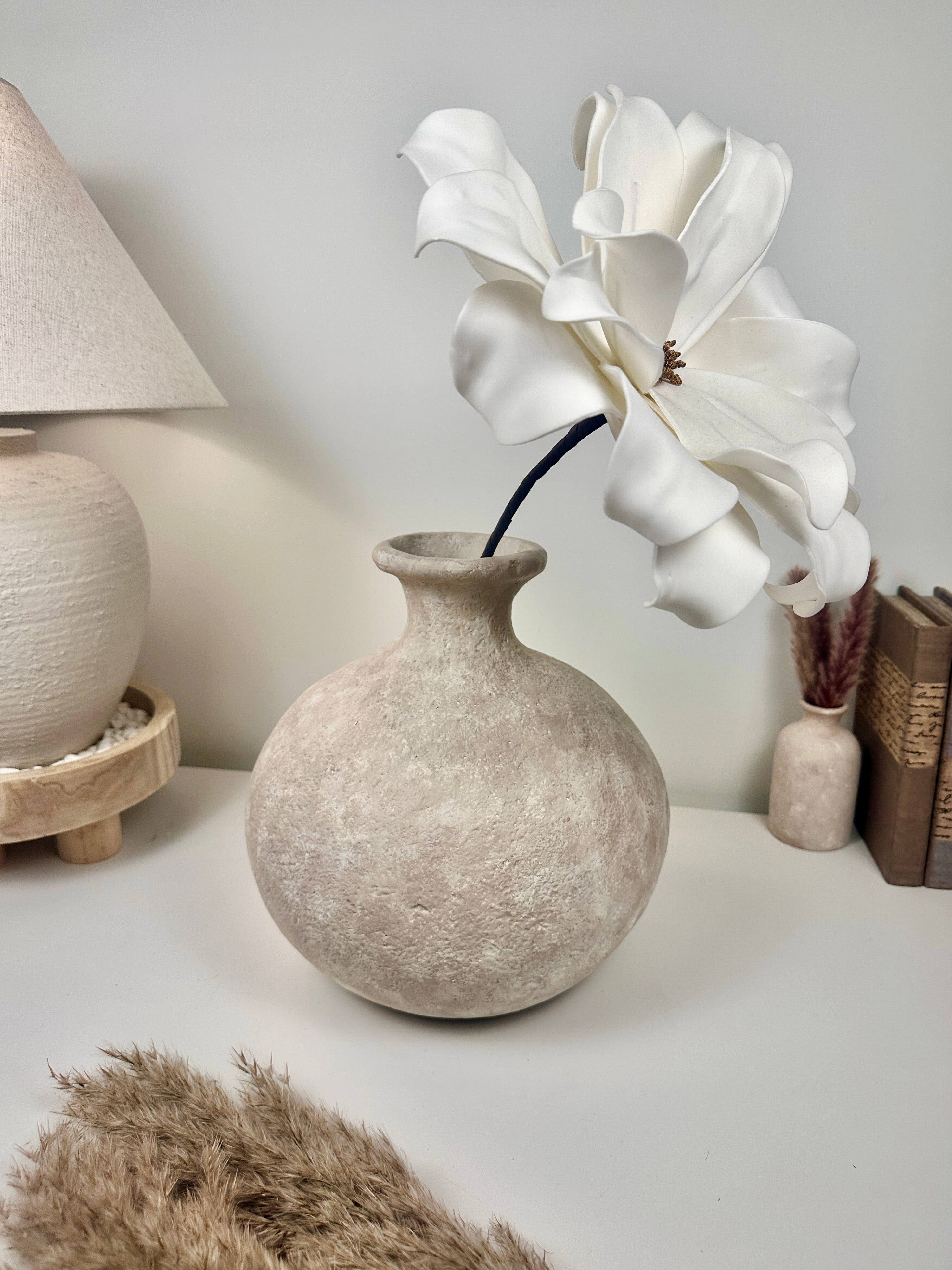 Minimalist Hand-Painted Ceramic Round Bottle Vase 11" tall -  Beige Washed