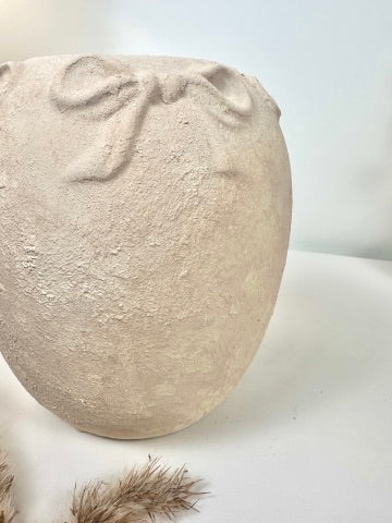 Minimalist Style Ceramic Vase with Bow 7", Painted and Textured by Hand - Cream Sand Washed