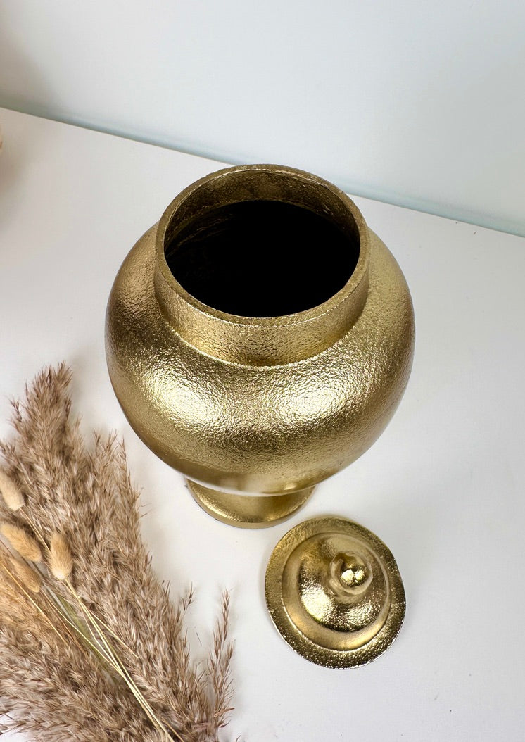 Gold Metal Ginger Jar Hammered Finish with Classic Lid 15" tall
