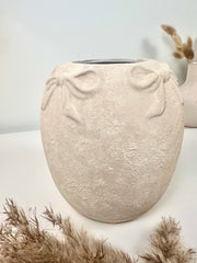 Hand-Painted Textured Ceramic Vase with Bow Accent, Cream Sand Washed, 7 Inch Tall