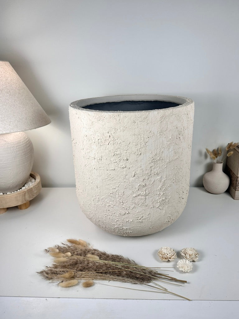 Minimalist Hand-Painted & Textured Planter Pot 17.5" tall with drainage hole one time creation - cream