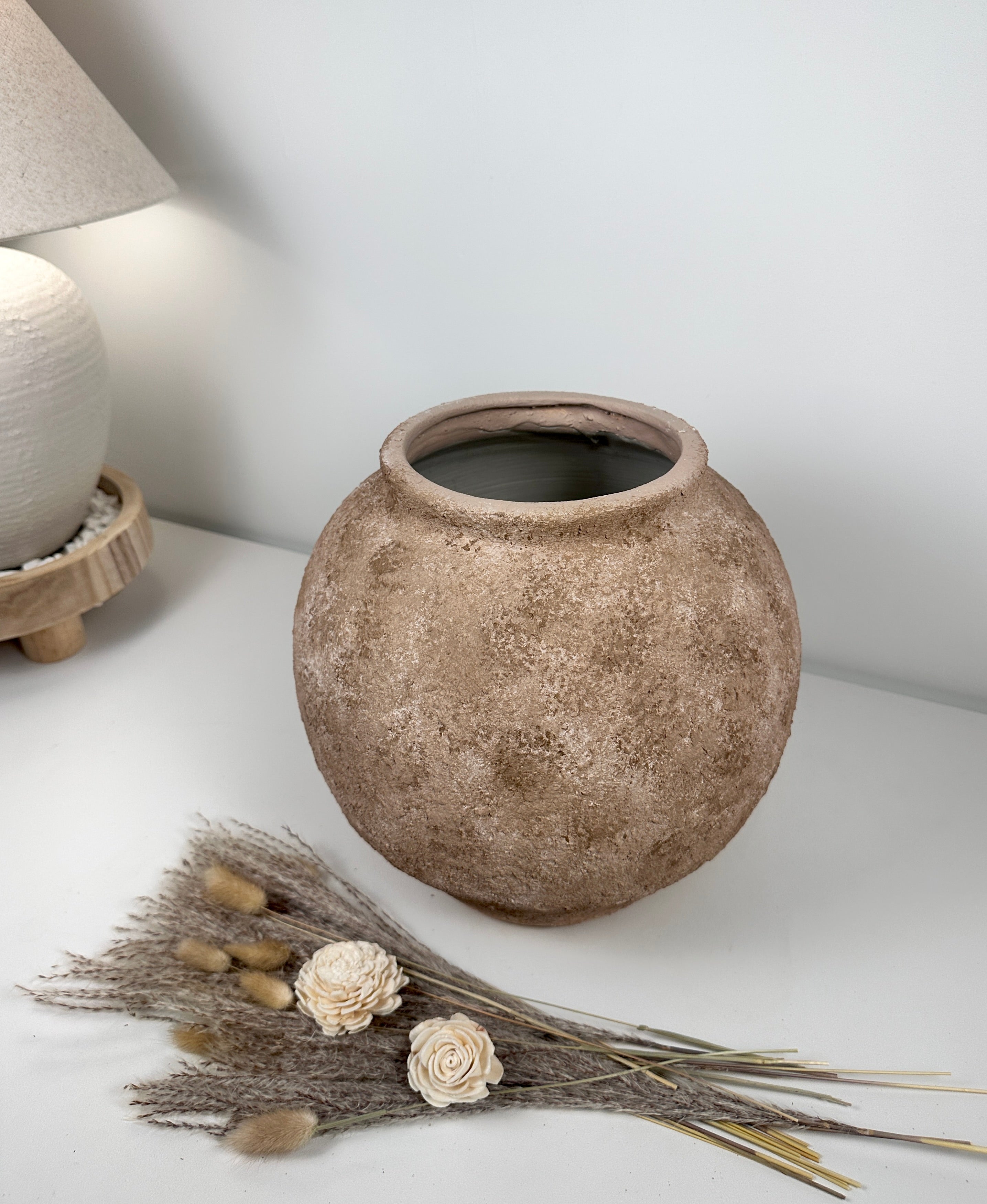 Rustic Textured Hand-Painted Ceramic Round Vase 14.5" - Earth Brown