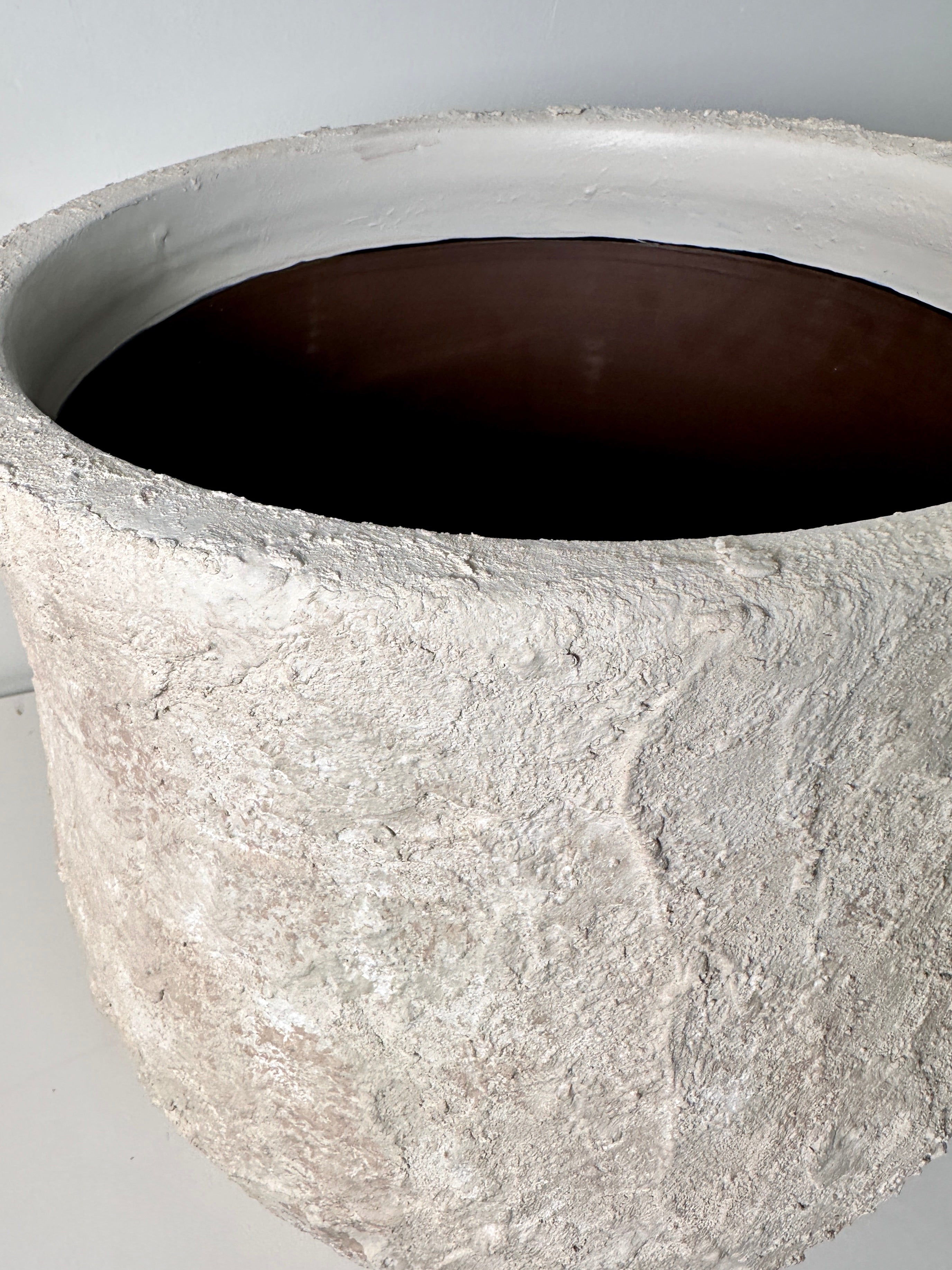 Minimalist Hand-Painted & Textured Planter Pot 12" tall with drainage hole one time creation - Cream Linen wash