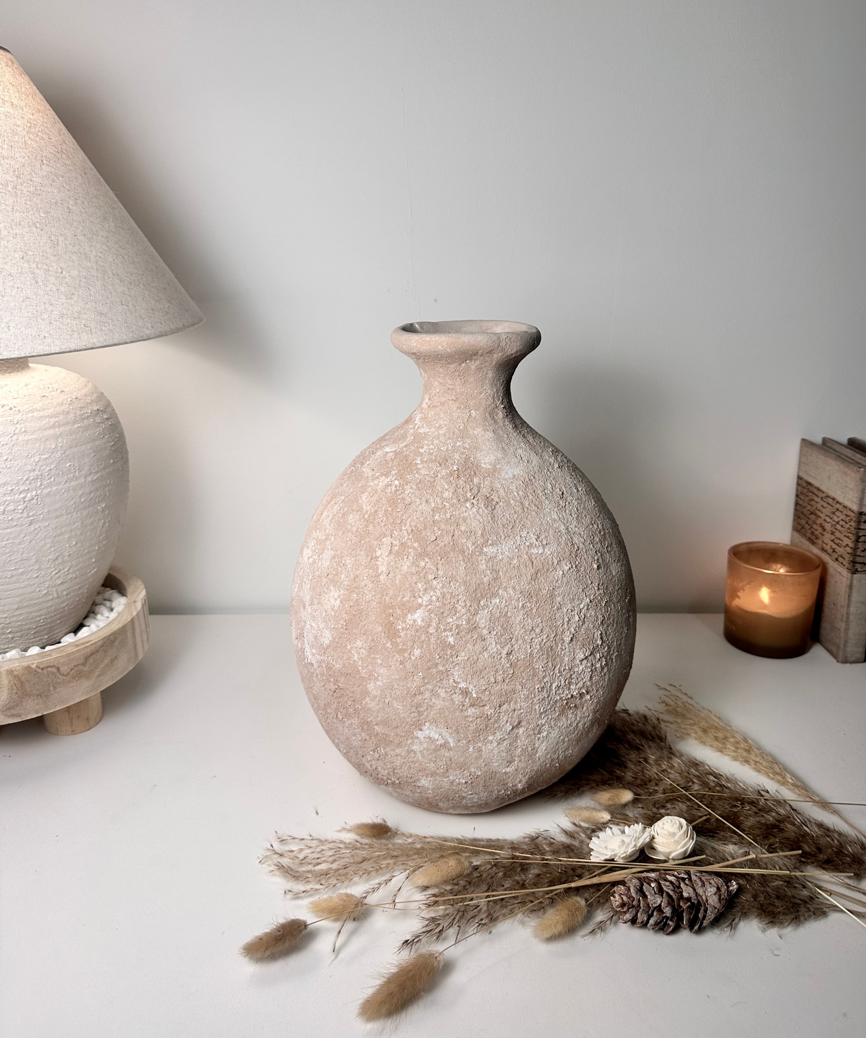 Minimalist Textured Hand-Painted Vase 15" tall - Light Beige Wash