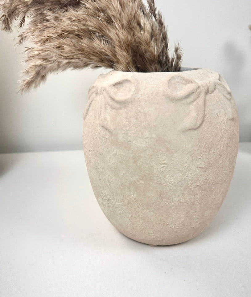 Minimalist Style Ceramic Vase with Bow 7", Painted and Textured by Hand - Cream Sand Washed