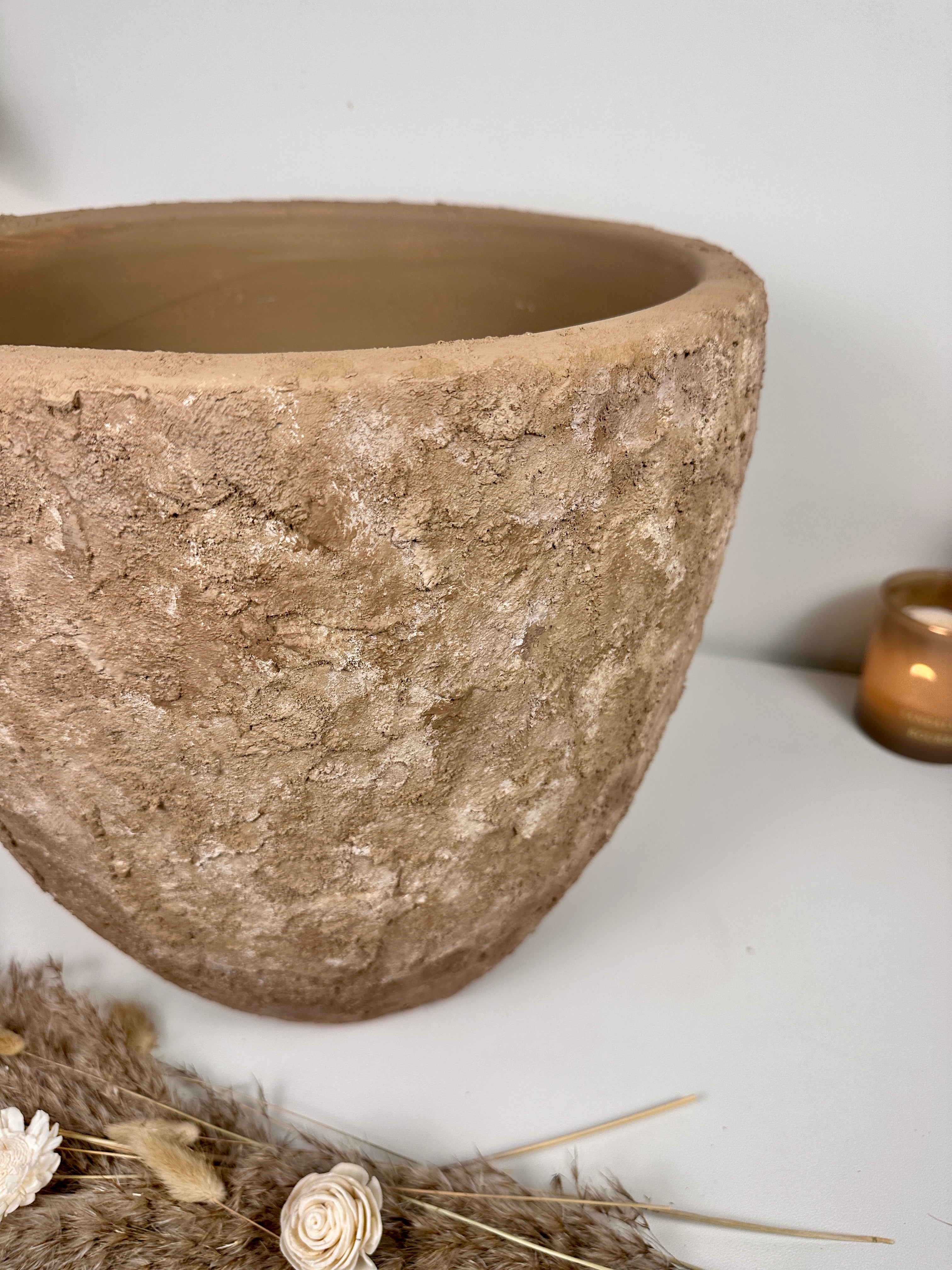 Rustic Hand-Painted & Textured Planter Pot 13" tall with drainage hole one time creation - Earth Brown on Brown