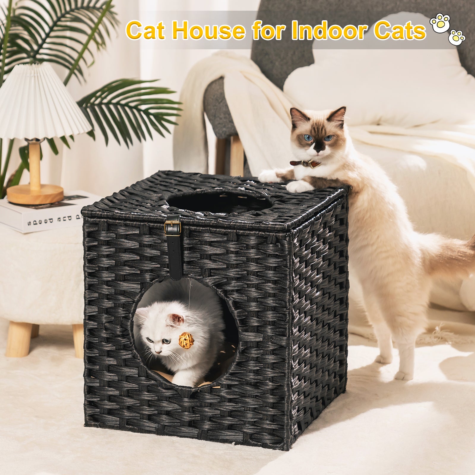Rattan Cat Litter,Cat Bed with Rattan Ball and Cushion - Black