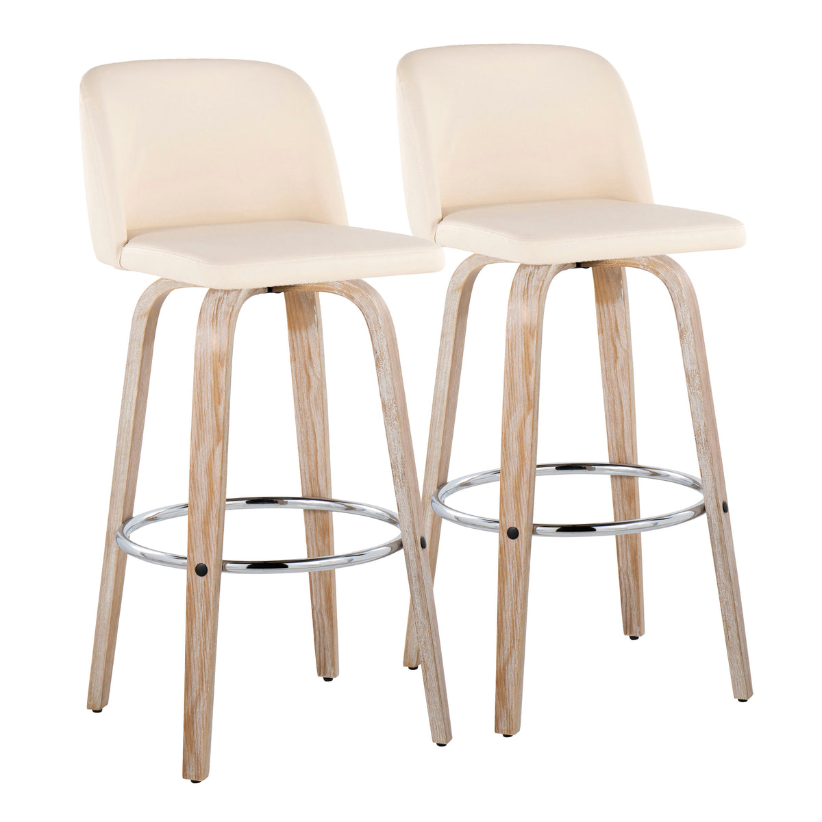 Toriano 30' Contemporary Fixed-Height Barstool with Swivel in Whitewashed Wood and Cream Faux Leather with Round Chrome Metal Footrest by LumiSource - Set of 2
