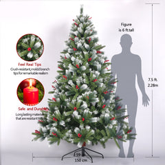 Artificial Christmas Tree Flocked Pine Needle Tree with Cones Red Berries 7.5 ft Foldable Stand