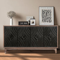 Mid Century Sideboard Buffet Cabinet with Solid Wood Legs 60' Kitchen Storage Cabinet Credenza with 4 Convex pattern diamond Doors and 2 Shelves Accent Console Table for Living Room Entrance Hall etc
