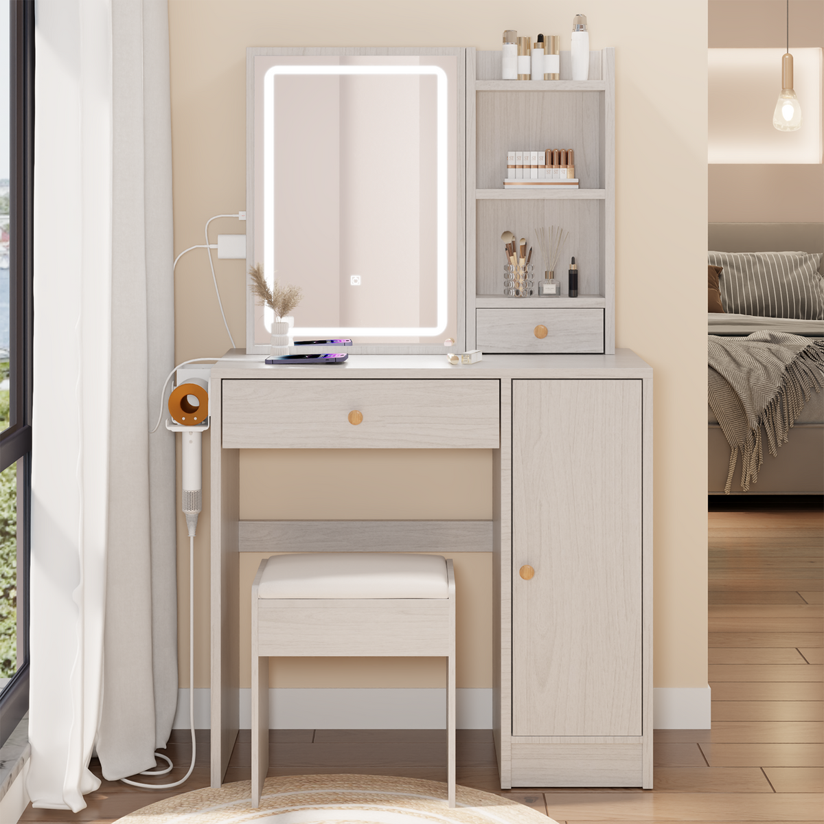 Vanity Table + Cushioned Stool, With 2 AC Power + 2 USB Socket, Extra Large Sliding LED Mirror