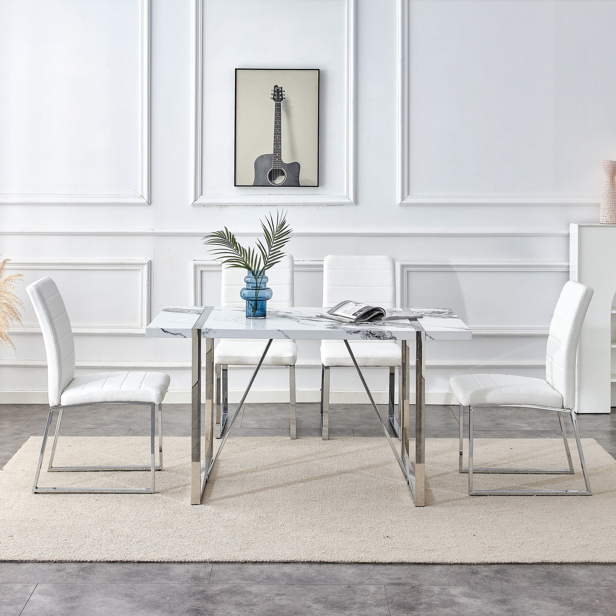 Dining Table Chairs Set for 4, Rectangular Dining Room Table Set, Faux Marble Modern Dining Table & Leather Chairs for Kitchen Dining Room, White